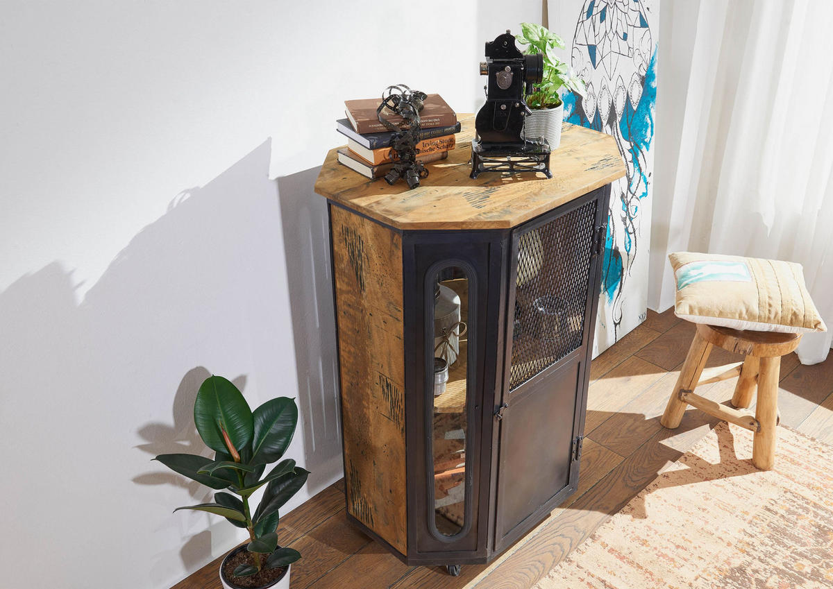 VITRINE Mango 76x60x120 natur lackiert RAILWAY #130 - Naturfarben, Holz (76/120/60cm) - Massivmoebel24