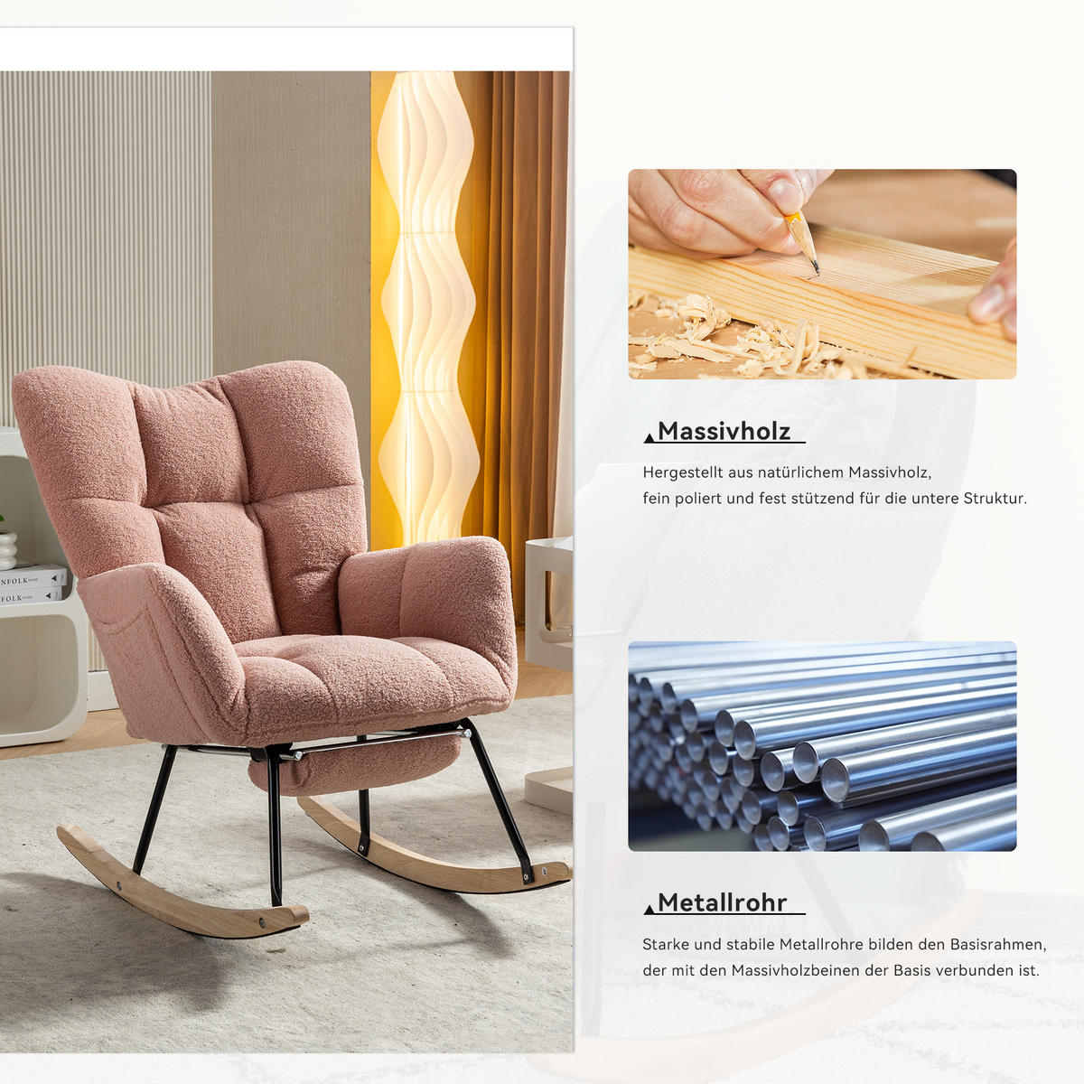 SCHAUKELSTUHL Teddy-Stoff mit klappbarer Fußablage 80/98/98.5 cm Rosa - Rosa, Textil (98/98.5/80cm) - Redom