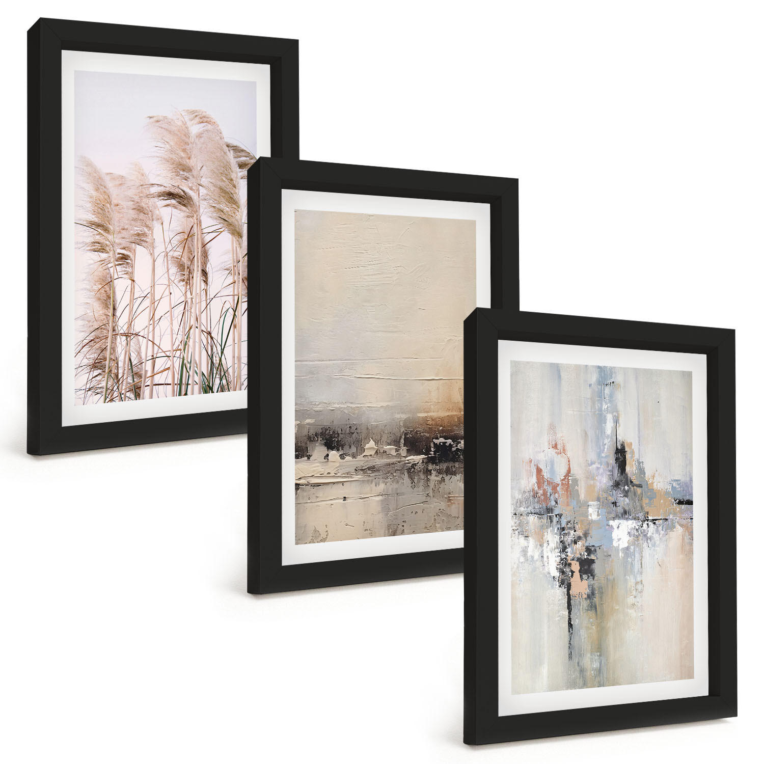 BILDER SET 3er Set - 20x30 cm Schwarzer Rahmen - Abstrakte Vegetationsmuster - Schwarz, Kunststoff (20/30cm) - TULUP