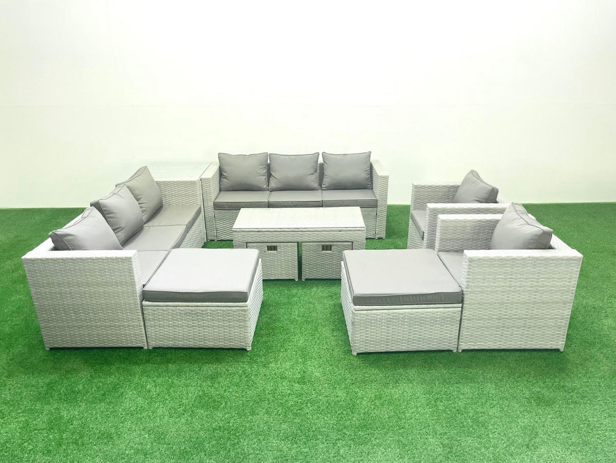 BALKONMÖBEL-SET Polyrattan Hellgrau-Mix 12-teilig - Hellgrau/Grau, Glas/Kunststoff - Fimous