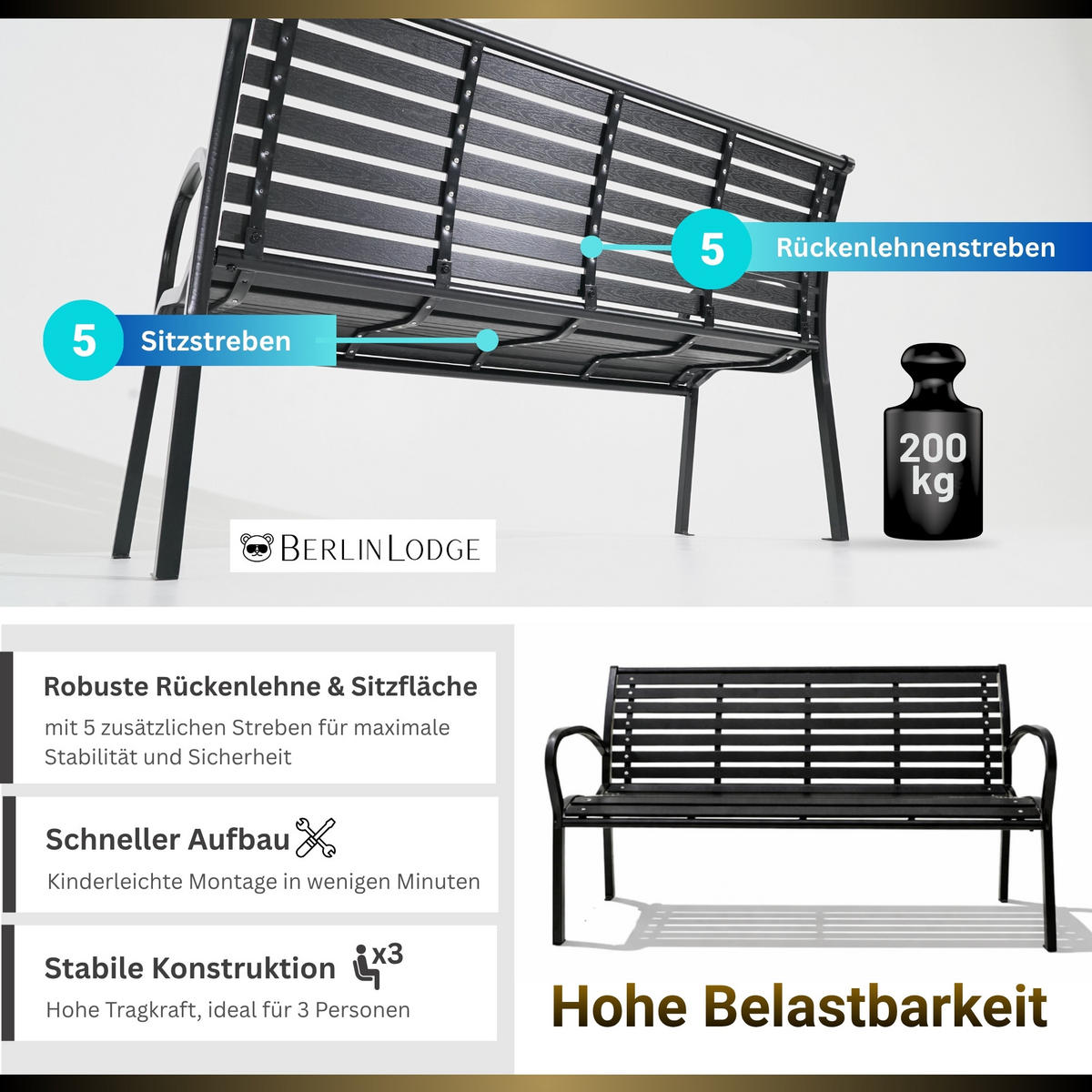 GARTENBANK MYKONOS in Holzoptik 3-Sitzer 80x126x60cm Schwarz - Schwarz, Kunststoff/Metall (126/80/60cm) - BERLINLODGE