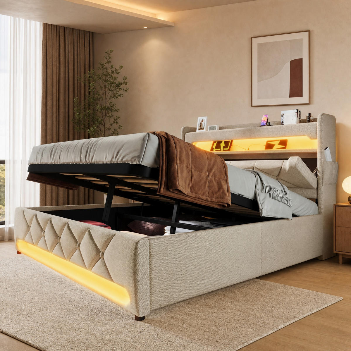 POLSTERBETT 140/200 mit Bettkasten, LED, USB und Typ-C-Anschluss in Beige - Beige, Holzwerkstoff/Textil (140/200cm) - EVRYAE