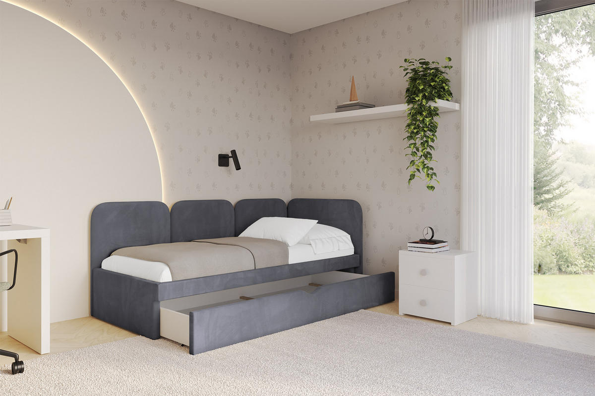 EINZELLBETT Jugendbett mit Bettkasten, Links - ALVY 100x200 Dunkelgrau - Dunkelgrau, Holzwerkstoff/Textil (100/200cm) - ALTDECOR