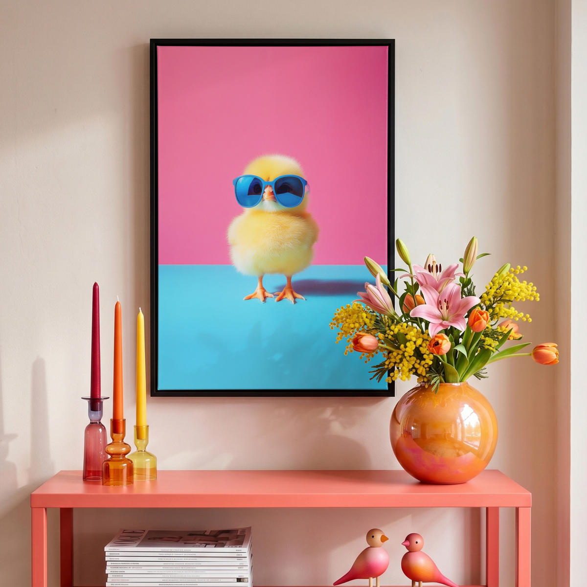 LEINWAND Bilder mit Rahmen - Chick - Sonnenbrille - Blau - 40x60 - Pink, Textil (40/60cm) - MuchoWow