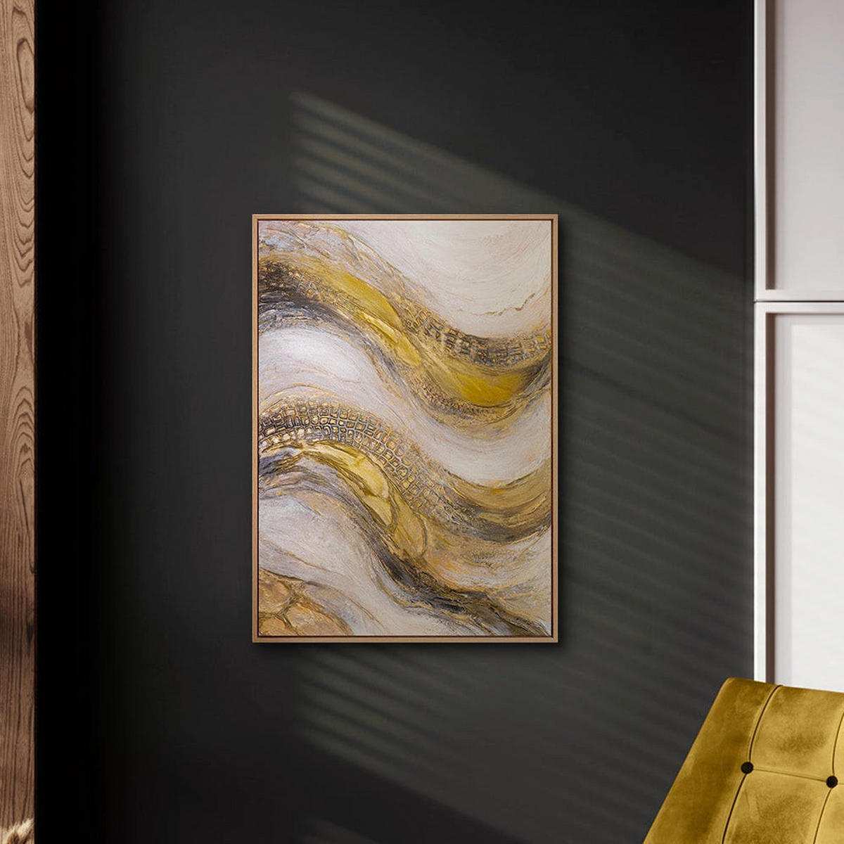 GEMÄLDE Goldene Wellen Schattenfugenrahmen Eichefarben 70x50 cm - Eichefarben, Holz (70/50cm) - YS-art gallery