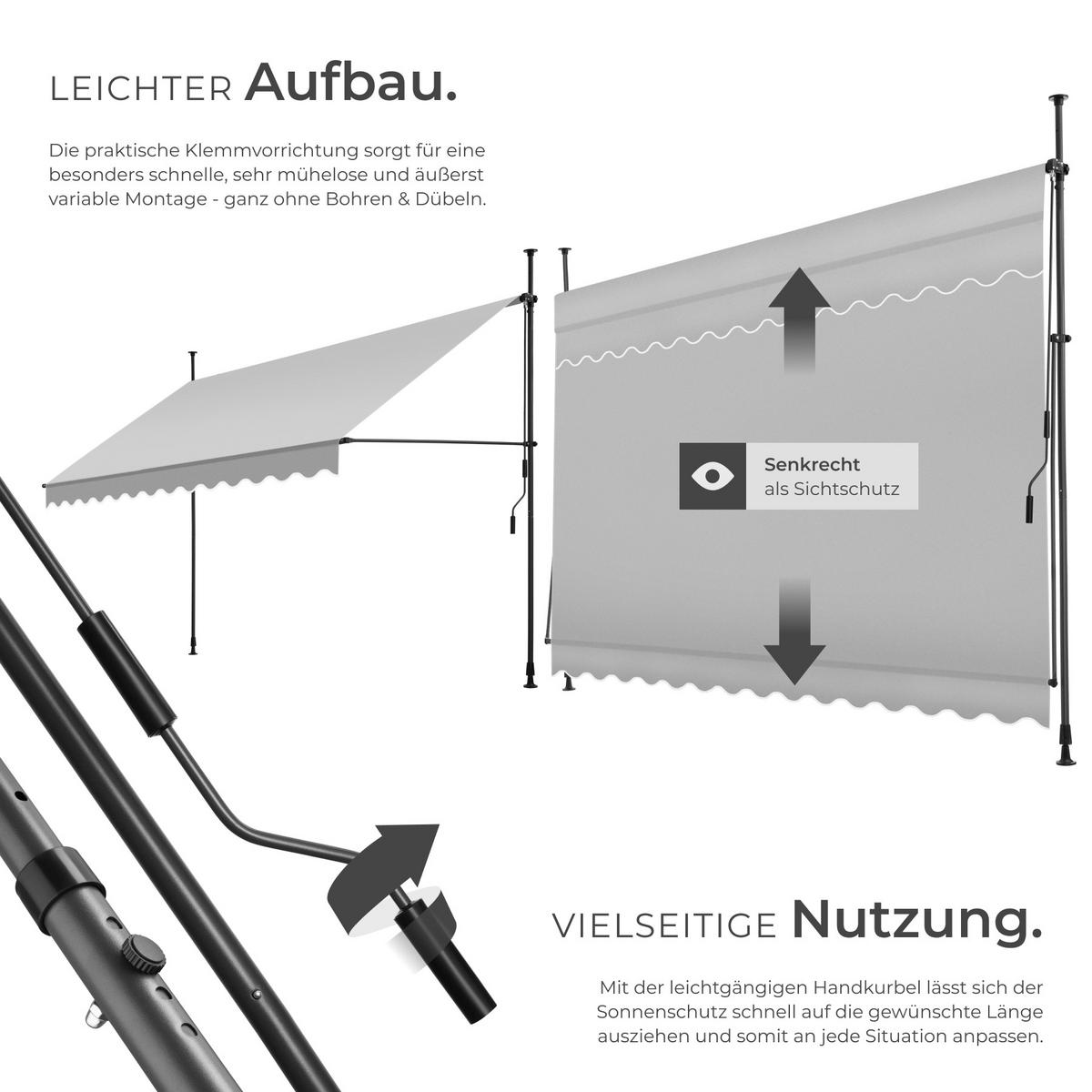 KLEMMMARKISE ,einfache Montage,hellgrau - Hellgrau, Kunststoff (350/304/180cm) - tectake