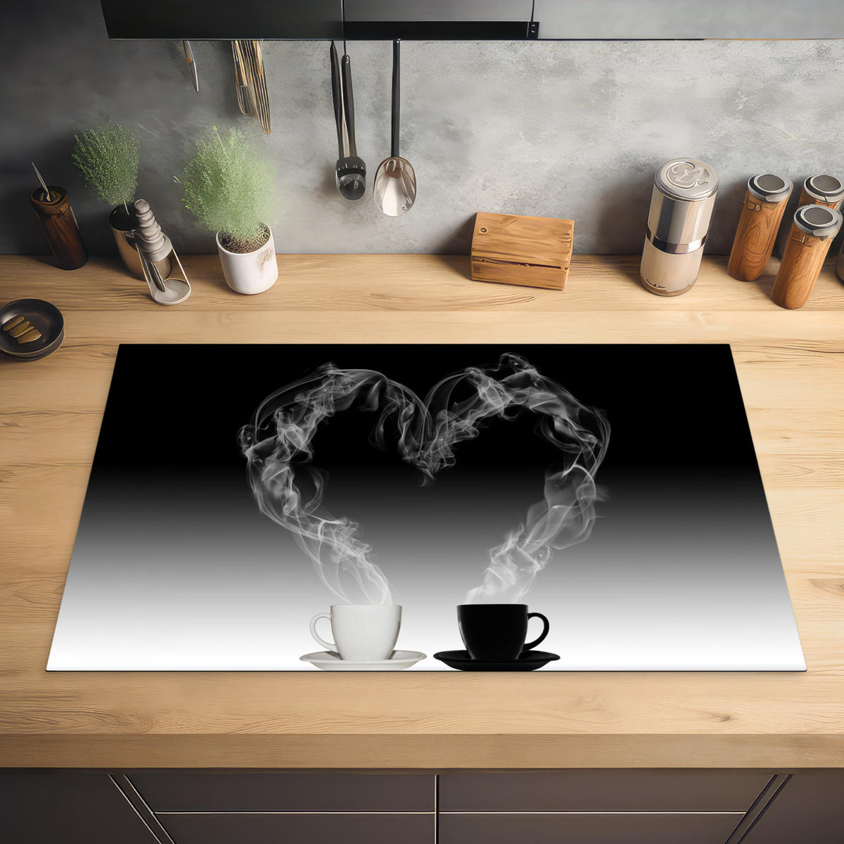 HERDABDECKPLATTE Kaffee - Herz - Schwarz und weiß - Tassen 83x51 cm - Weiß, Kunststoff (83/0.2/51.5cm) - MuchoWow