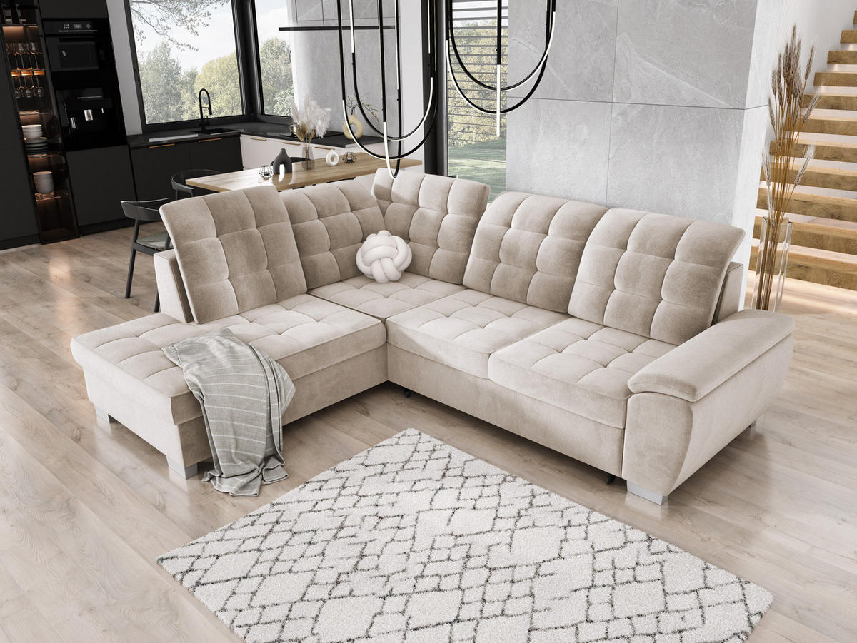 ECKSOFA LOTTA SALVADOR Bettkasten verstellbare Kopfstützen hochwertige Verarbeitung lose Rückenkissen freistehend LINKS 212x258x106 cm Beige - Beige, Holz/Textil (212/258cm) - DomoHome