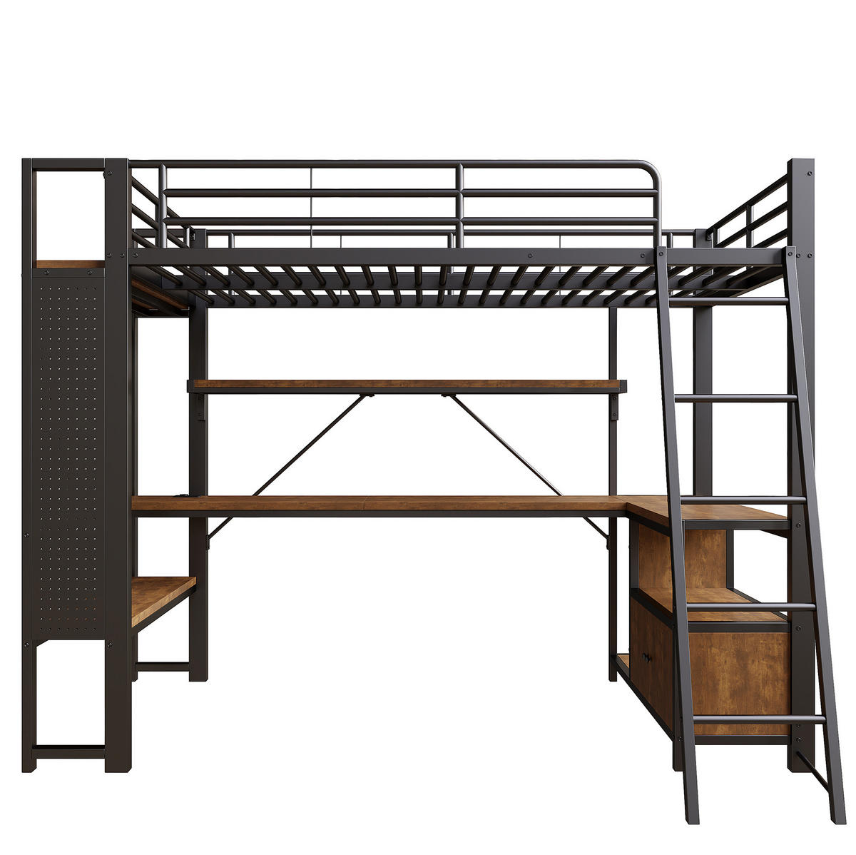 HOCHBETT 90/200 cm aus Metall mit Schreibtisch, LED-Beleuchtung und Stauraum - Schwarz, Metall (90/200cm) - Flora Grace