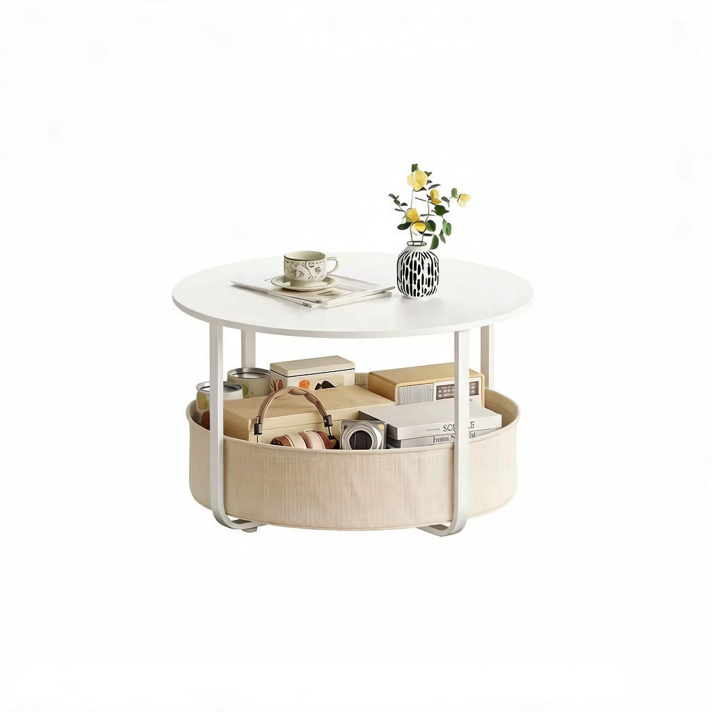 COUCHTISCH DE-37243 rund mit Leinwandkorb Weiß - Weiß, Metall (80/80/50cm) - ComfortXL