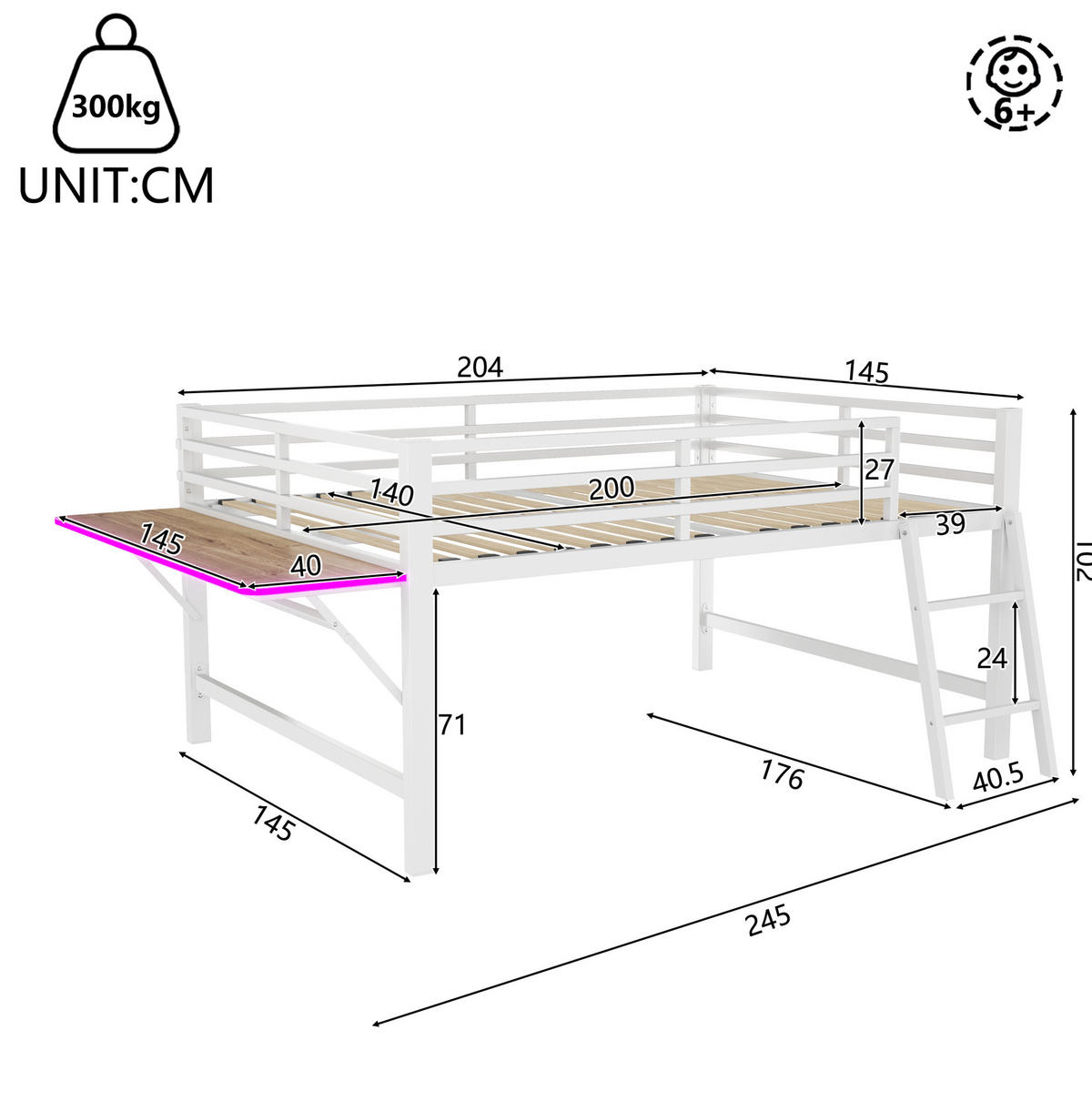KATNI krevet od metala 140x200 cm bijeli s LED rasvjetom, ljestvama i sklopivim stolom - bijela, metal (140/200cm) - Modfu