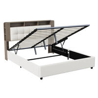 POLSTERBETT 140x200 cm, hydraulischer Bettkasten, Stauraumkopf, LED, kabelloses Laden, Flauschstoff, Beige - Beige, Holz (140/200cm) - BRILVERDE