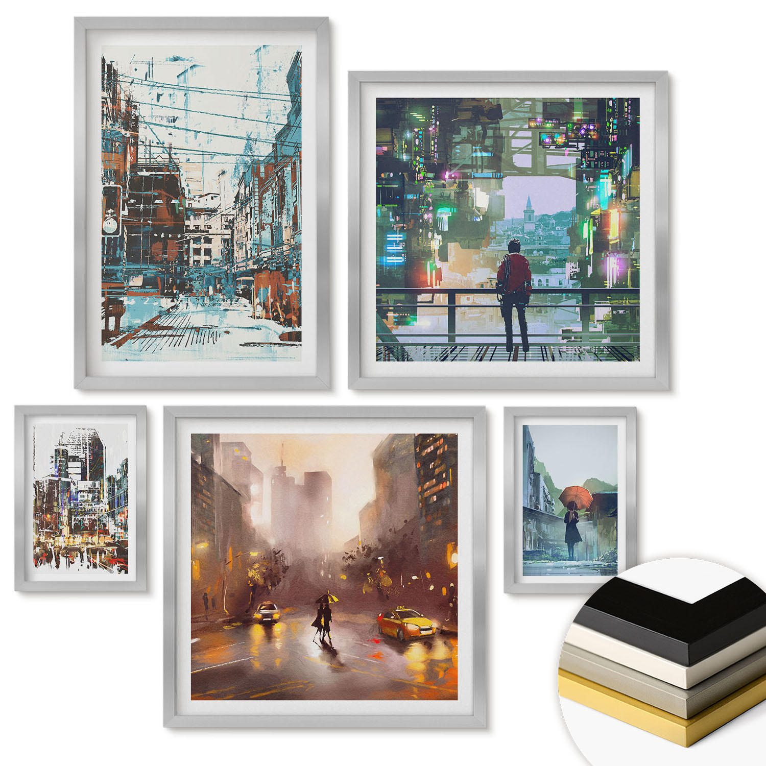 WANDBILDER 5er Set - 50x50 cm & 20x30 cm & 40x60 cm Silberner Rahmen - Moderne, farbenfrohe Städte mit Charakteren - Silberfarben, Kunststoff (40/60cm) - ArtPrintCave