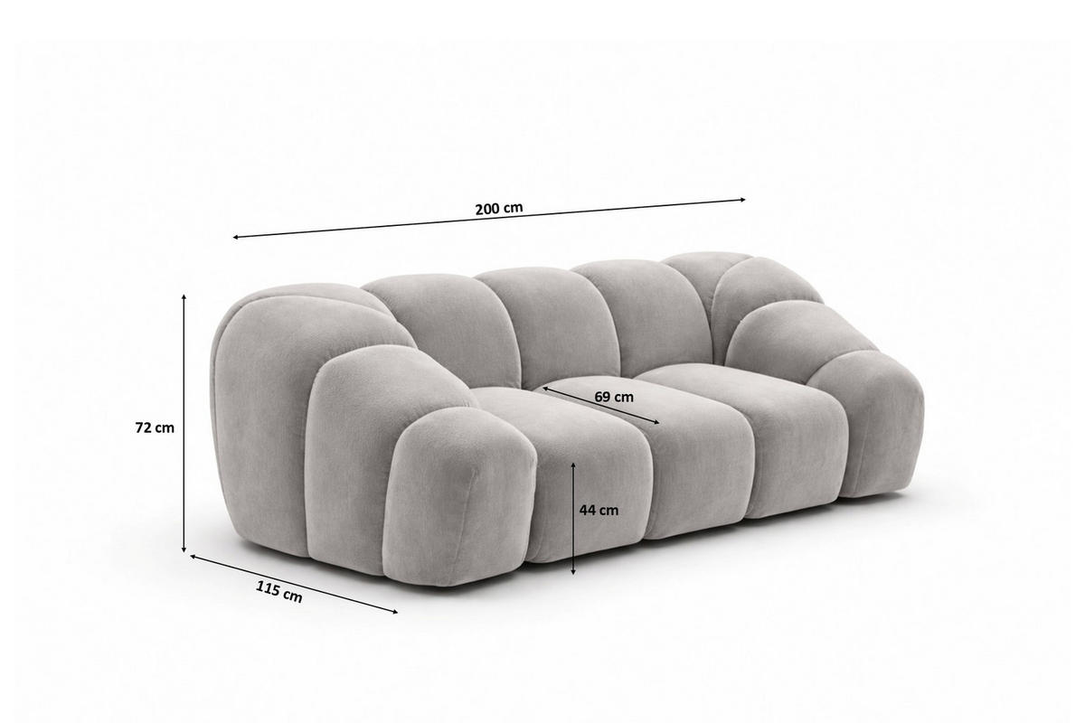 SOFA 2-Sitzer modular, Veloursstoff Bluvel, Grau, CROISSANT - Grau, Holz (200/72/115cm) - Kaiser Möbel