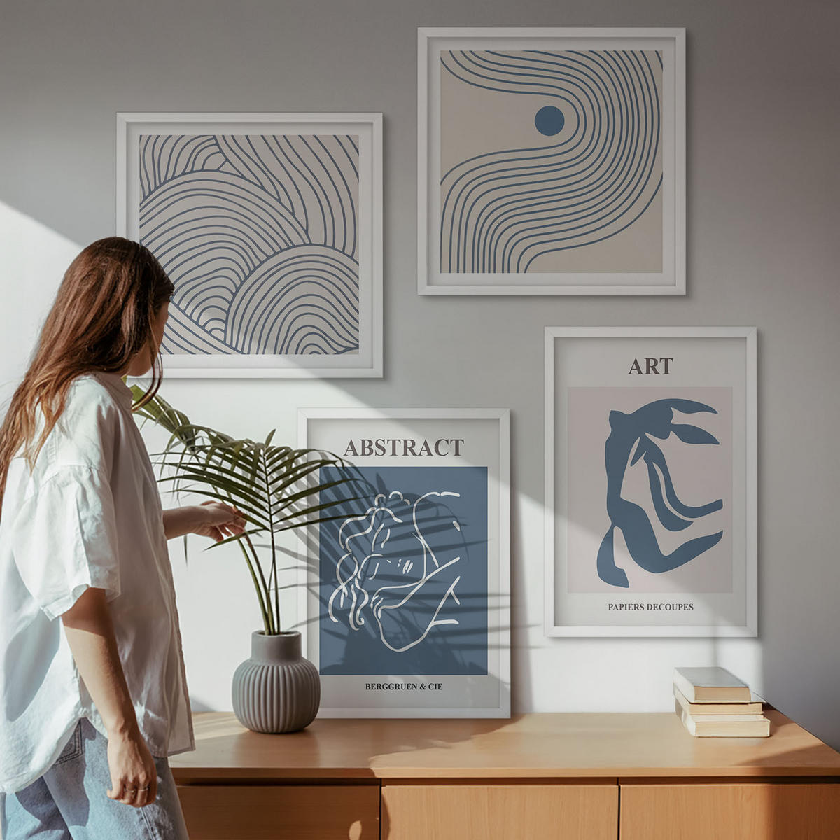 WANDBILDER 4er-Set - 50x50 cm & 40x60 cm Weißer Rahmen - Poster mit abstrakten Linien und Wellen - Weiß, Kunststoff (50/50cm) - ArtPrintCave