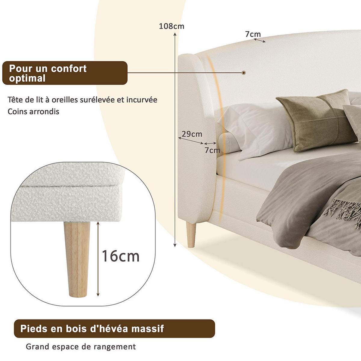 POLSTERBETT 140×190cm mit Lattenrost,Elfenbeinfarben - Weiß, Textil (140/190cm) - KOMHTOM