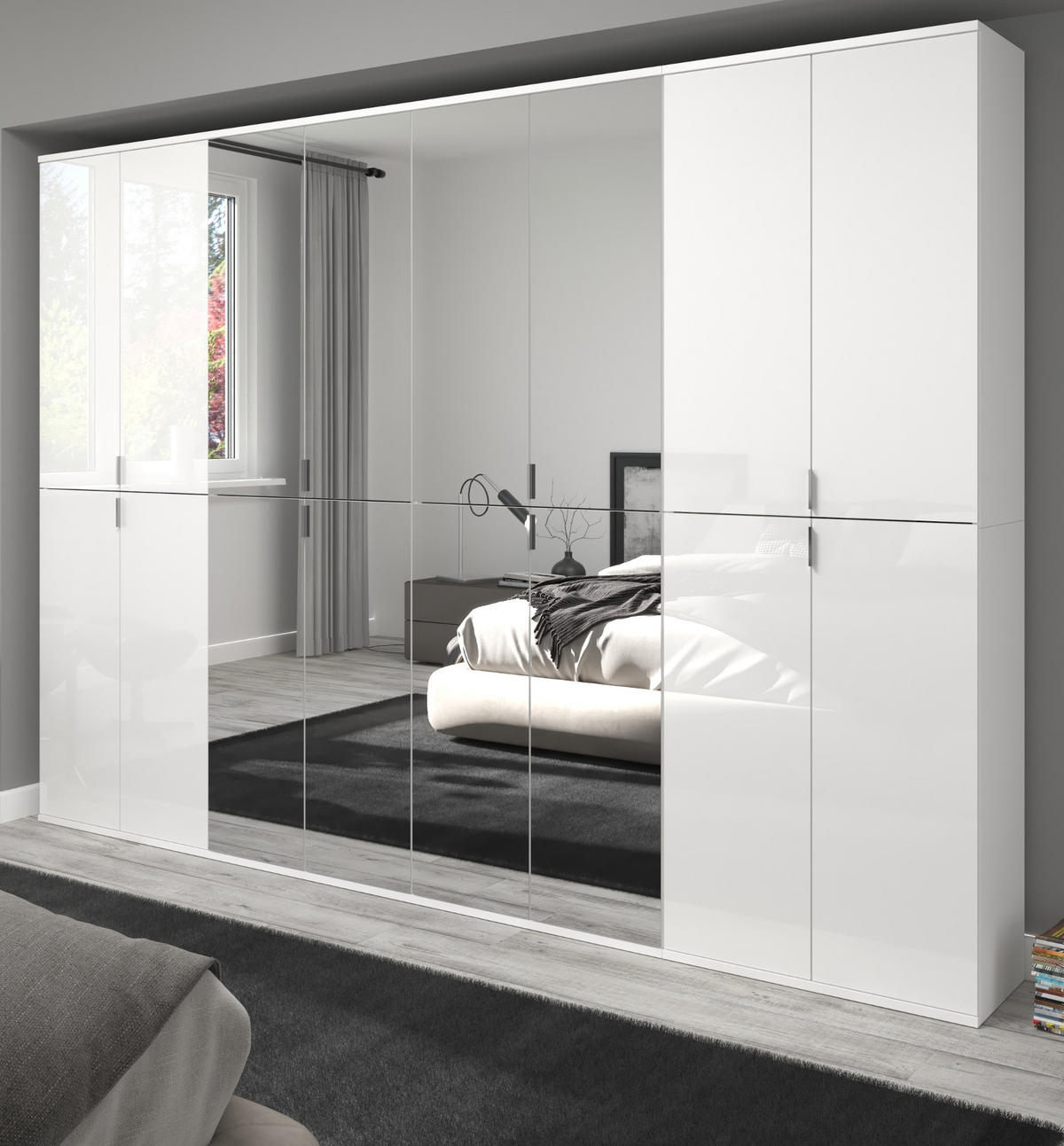 KLEIDERSCHRANK weiß Hochglanz 244 cm, Mehrzweckschrank mit Spiegeltüren, 36 Fächer - Weiß Hochglanz/Silberfarben, Holzwerkstoff/Metall (244/193/34cm) - Inn.Furn