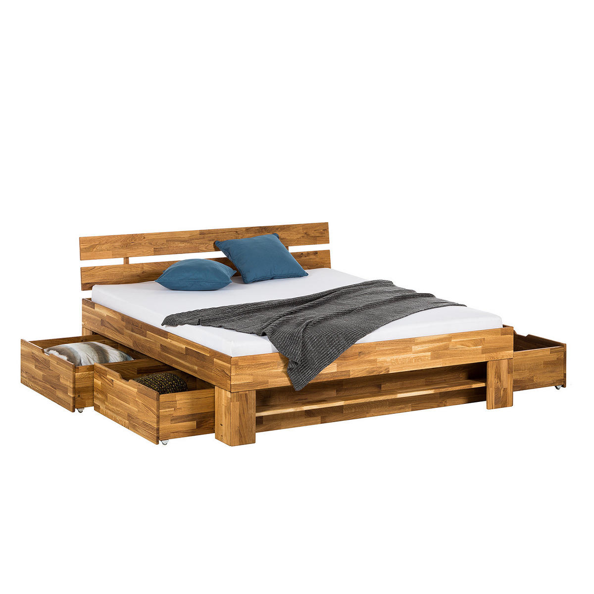 MASSIVHOLZBETT - Eiche massiv - Eichefarben, Holz (200/200cm) - home24