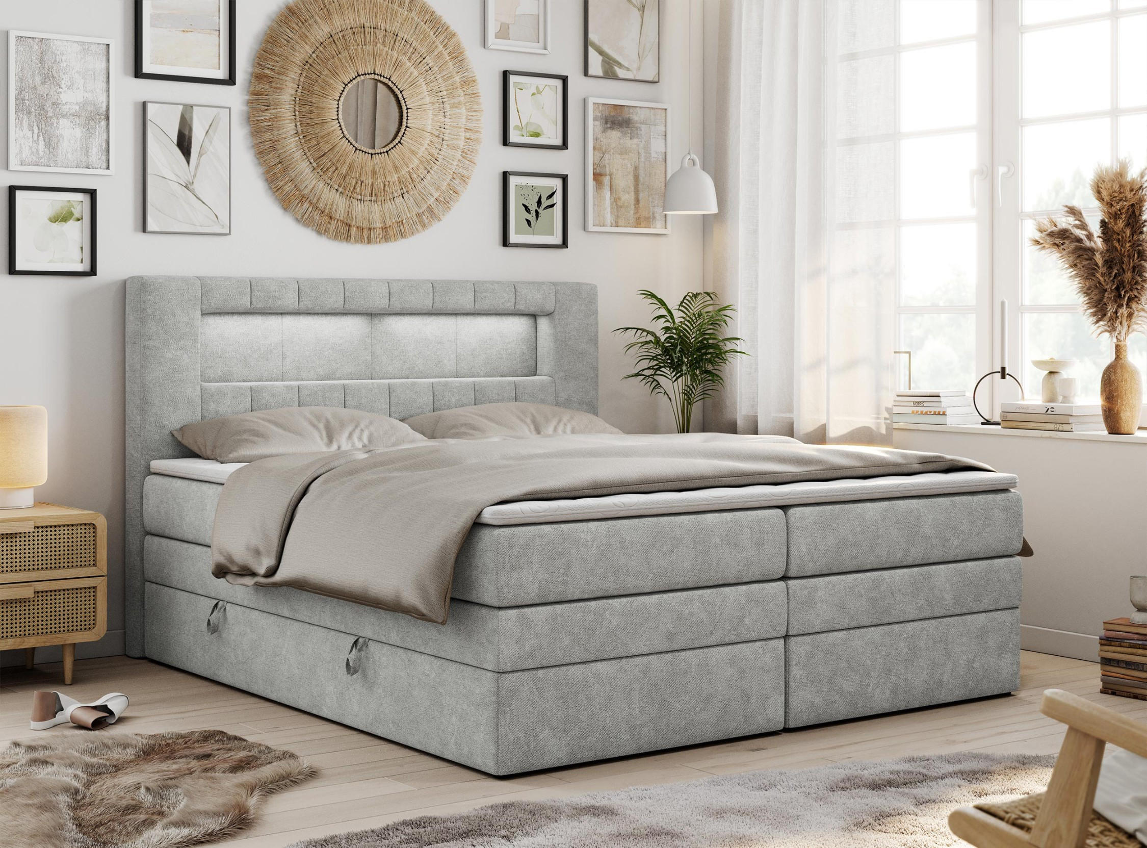 BOXSPRINGBETT GOLD-5 KING LED 120/200 Hellgrau Struktur - H3 - Hellgrau, Holz/Textil (120/200cm) - MKS