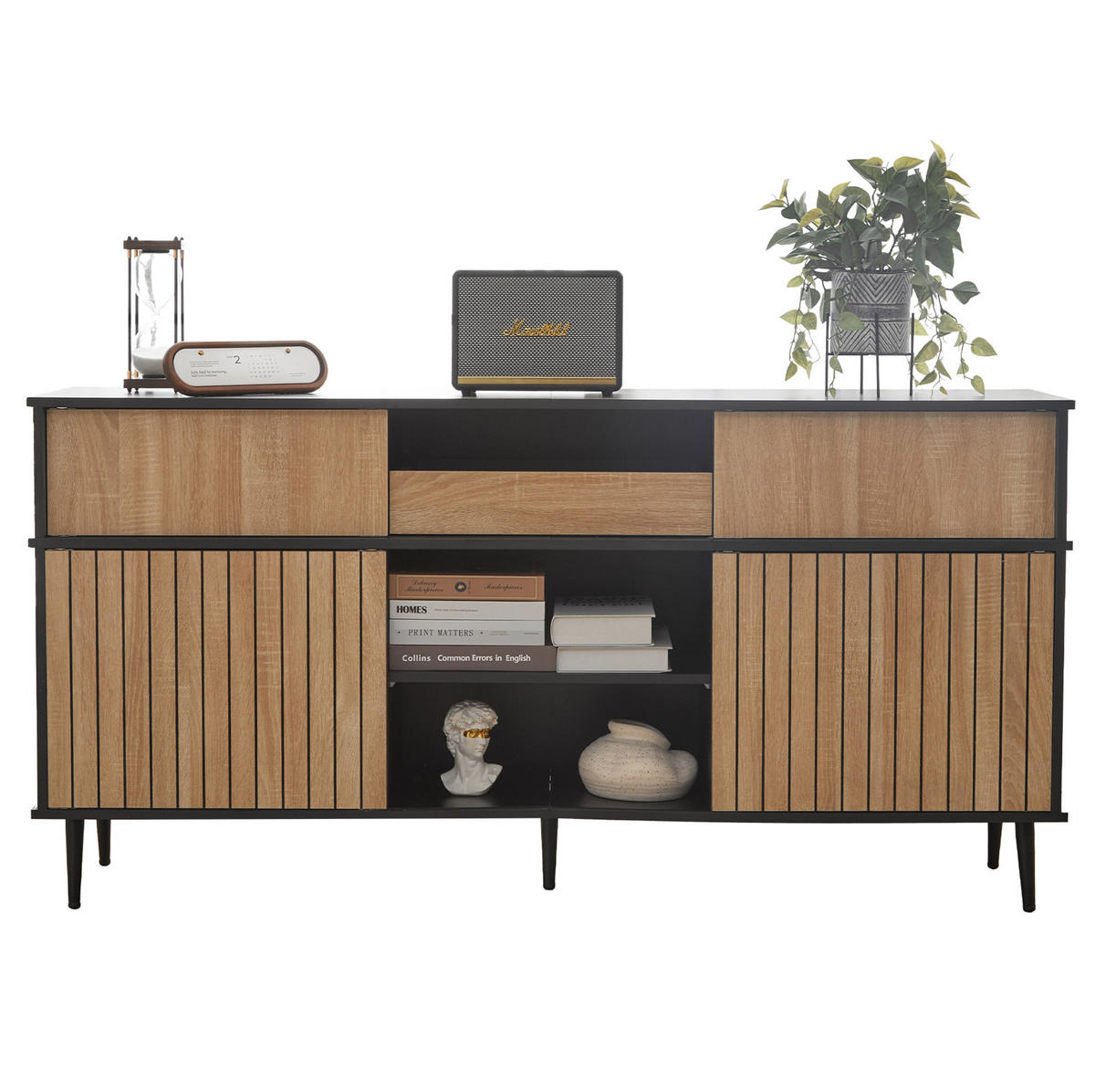 KOMMODE aus Spanplatte 40x160x80 cm Schwarz/Natur mit 4 Schiebetüren, 1 Schublade und verstellbaren Regalen - Schwarz, Holzwerkstoff (160/80/40cm) - Modfu
