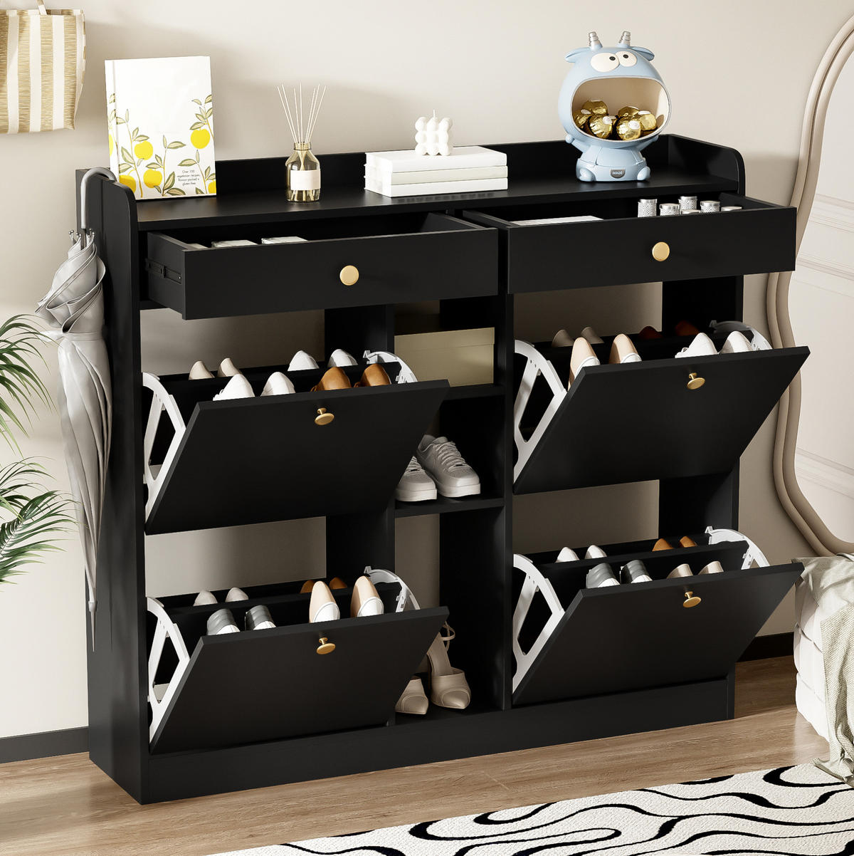 SCHUHSCHRANK aus Spanplatte 110x26x100cm in Schwarz mit Klappentüren - Schwarz, Holzwerkstoff (110/100/26cm) - Modfu