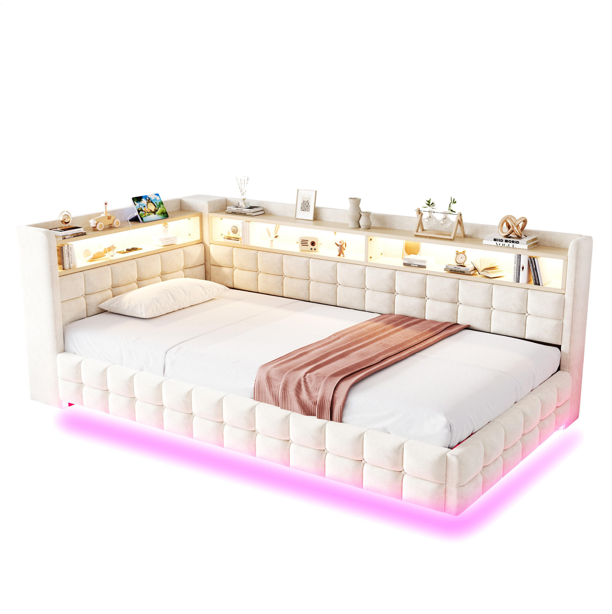 POLSTERBETT aus Samtstoff 90x200 cm Beige mit LED, USB-/Typ-C-Anschluss, Steckdose und hydraulischem Bettkasten - Beige, Textil (90/200cm) - Modfu