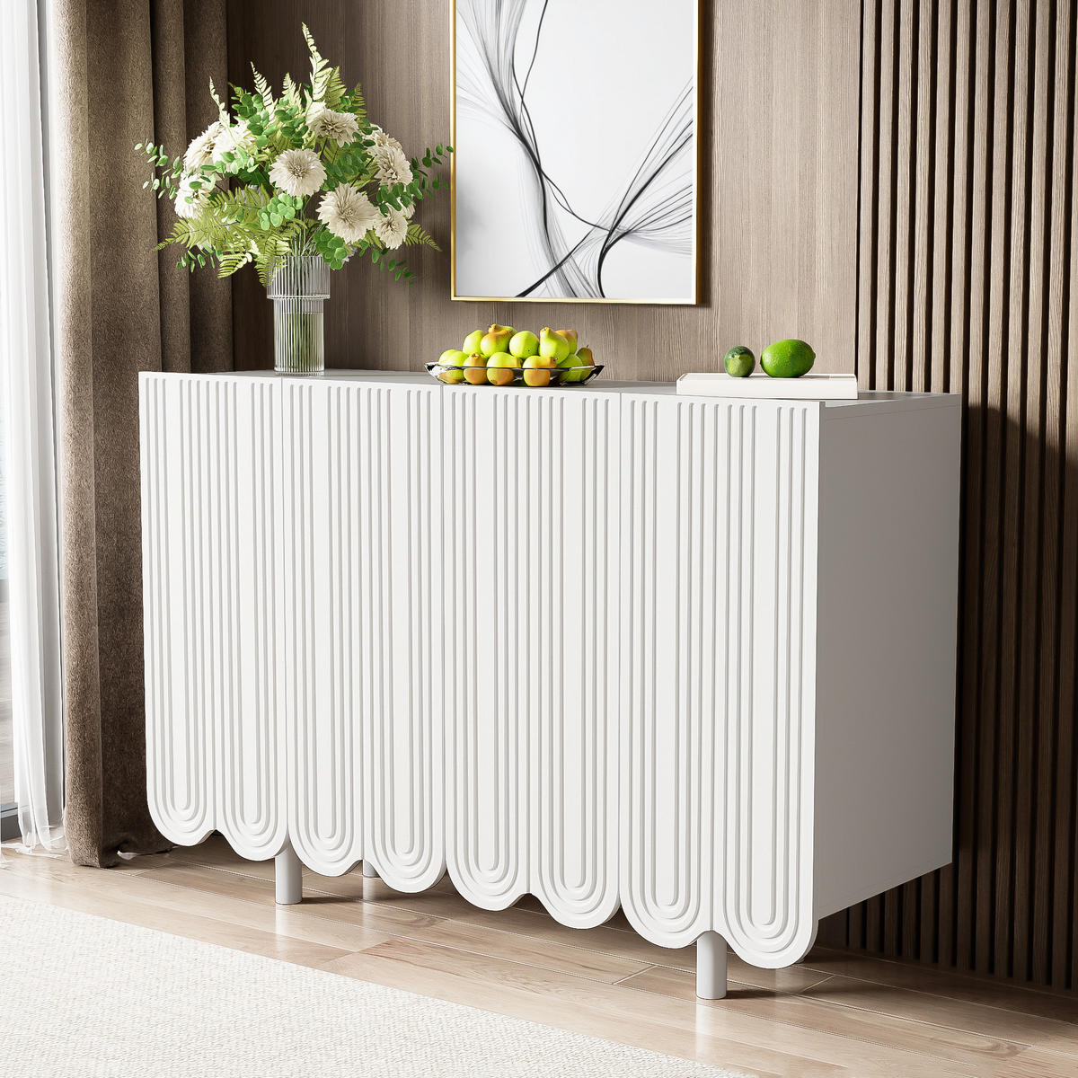 SIDEBOARD DE-38212 120/37,5/80,8 cm mit 4 Türen und tropfenförmigen Schnitzereien Weiß - Weiß, Holzwerkstoff (120/80.8/37.5cm) - ComfortXL