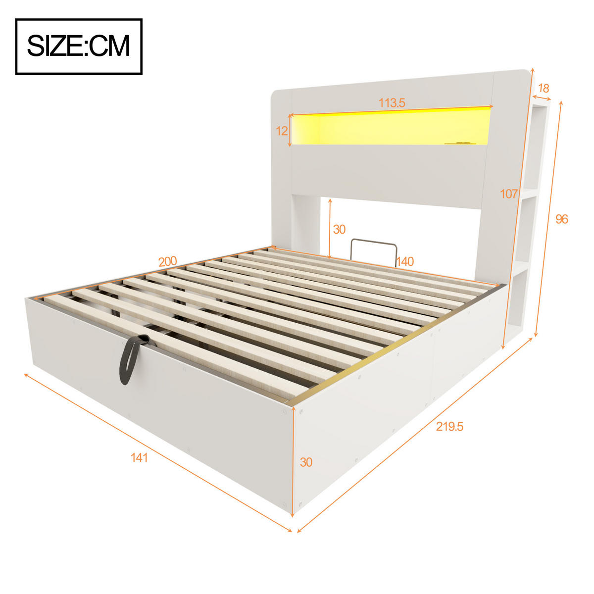 BETT 140/200 cm in Weiß mit Bettkasten, LED, Steckdosen und Kopfteilfächern - Weiß, Holz/Holzwerkstoff (140/200cm) - WISHDOR