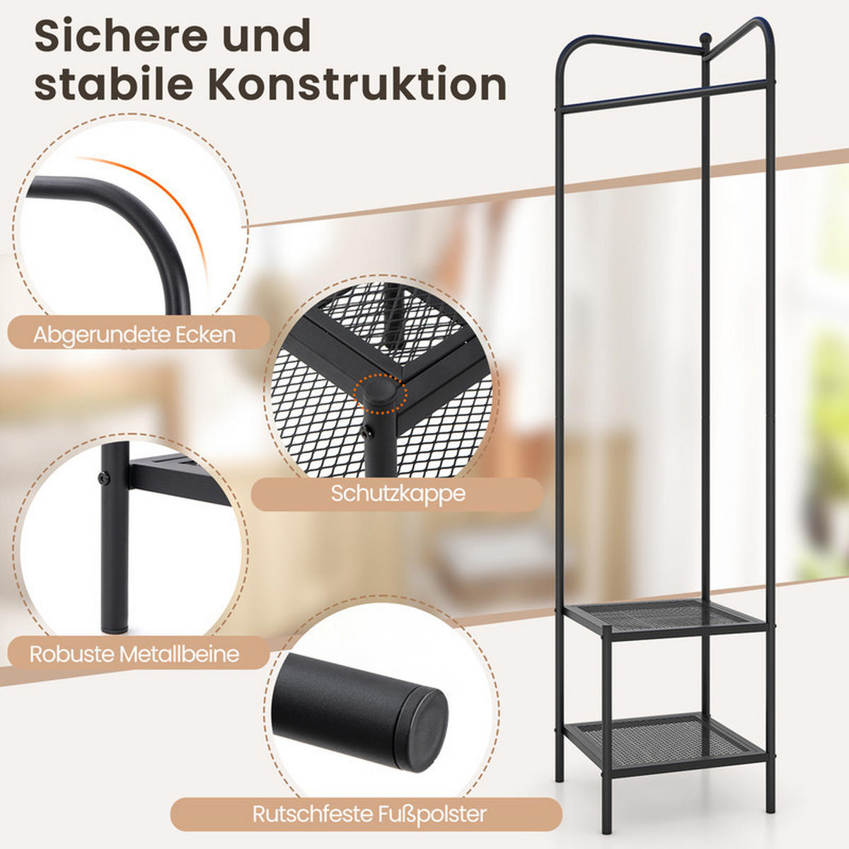 ECK-GARDEROBENSTÄNDER mit oberem Haken schwarz - Schwarz, Metall (42.5/193.5/42.5cm) - COSTWAY