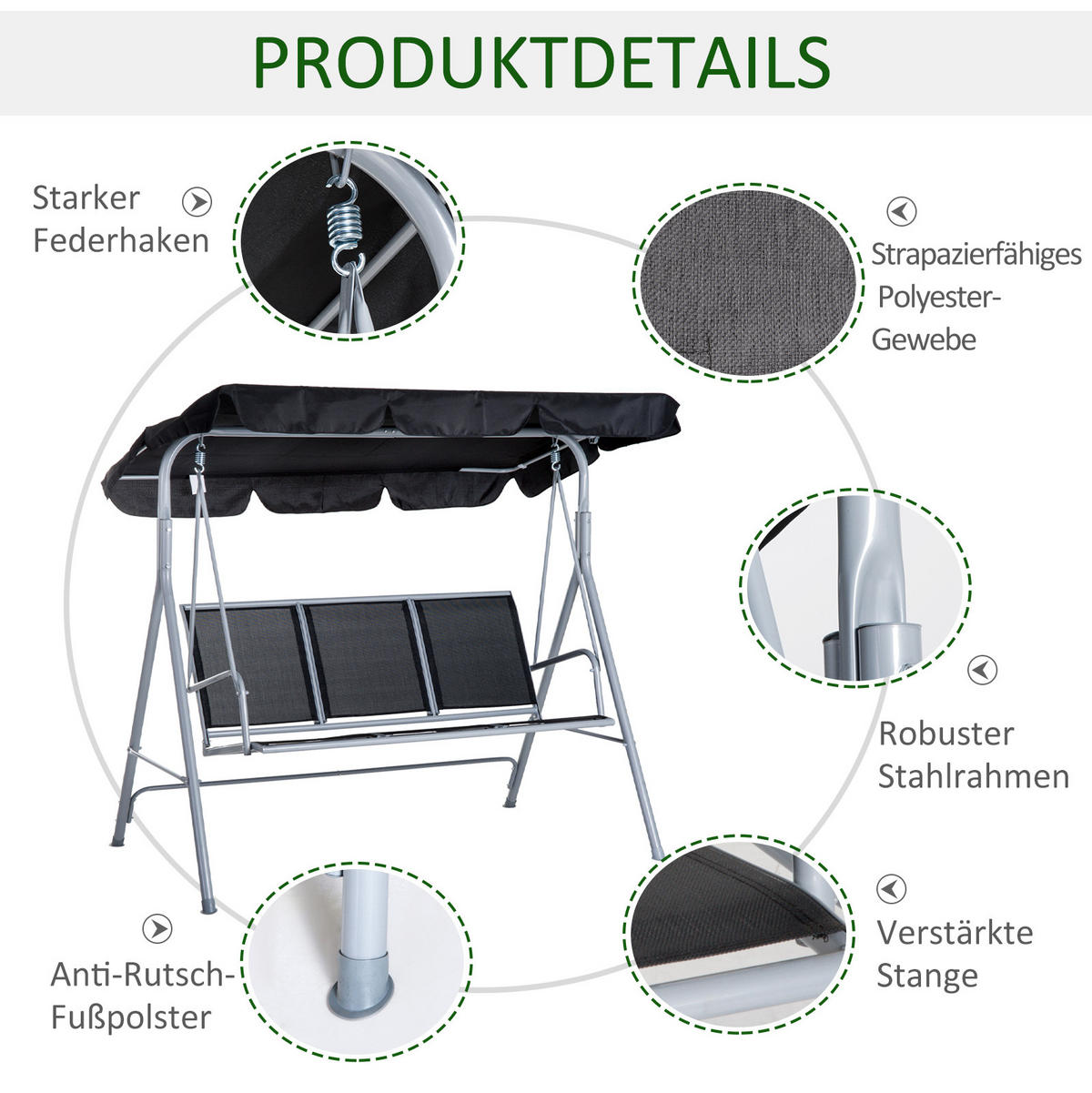 HOLLYWOODSCHAUKEL 171/108/154 cm aus Metall mit verstellbarem Verdeck Grau - Grau, Metall (108/154/171cm) - Modenvie