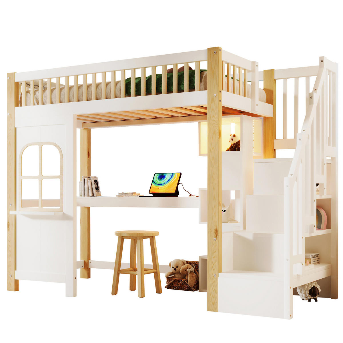 HOCHBETT 90/200 cm mit LED-Leuchten und Schreibtisch in Weiß und Natur - Weiß, Holz (140/200cm) - OKWISH