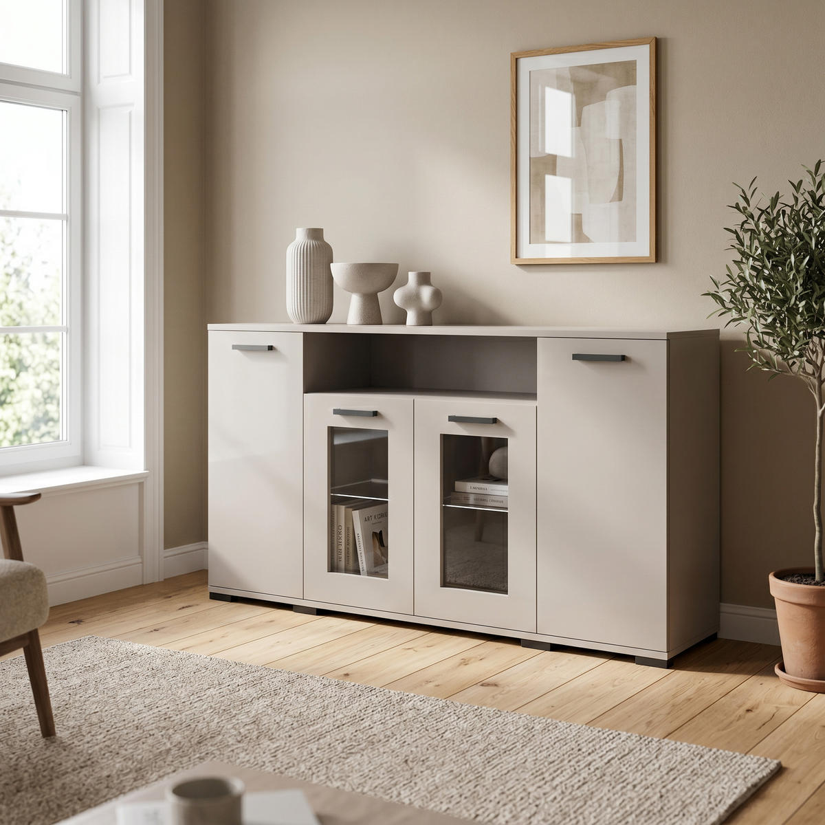KOMMODE ALBANO 160/83/40cm mit 4 Schubladen Türen Kaschmir - Kaschmir, Holzwerkstoff (160/83/40cm) - MASSENO