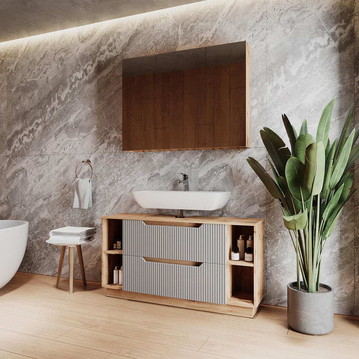 BADMÖBEL-SET Lotta Eiche/grau gestreift 2 Teile - Eichefarben/Grau, Holzwerkstoff (119.2/62.5/35cm) - Vicco