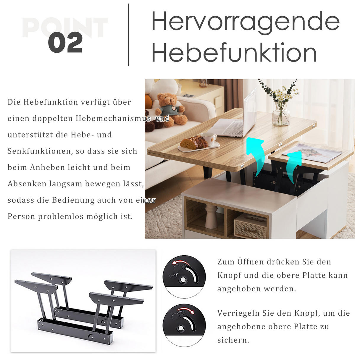 COUCHTISCH DE-057 Multifunktion Weiß/Originalholzfarbe - Weiß, Holzwerkstoff (51/100/47cm) - ComfortXL