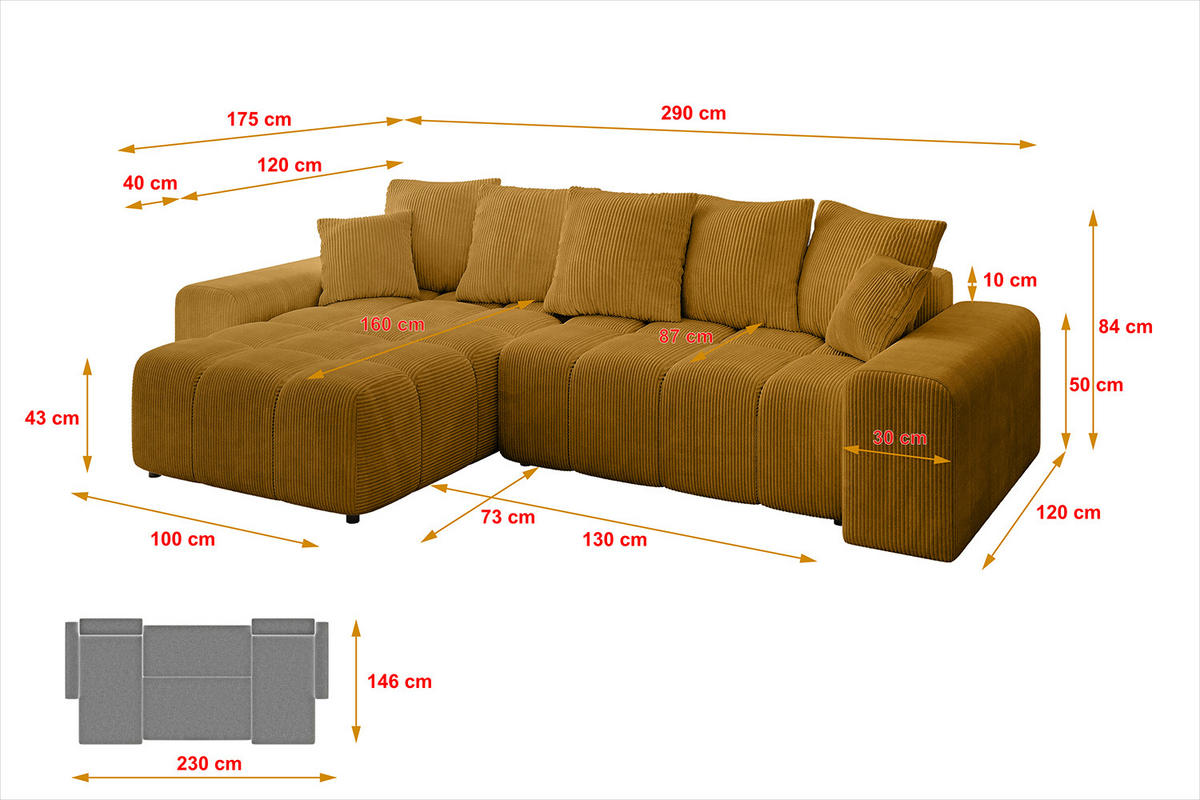 ECKSOFA Ottomane links/rechts ENIL-L 290x175x84 Senfgelb Cord - Currygelb, Holzwerkstoff/Kunststoff (290/175cm) - ALTDECOR
