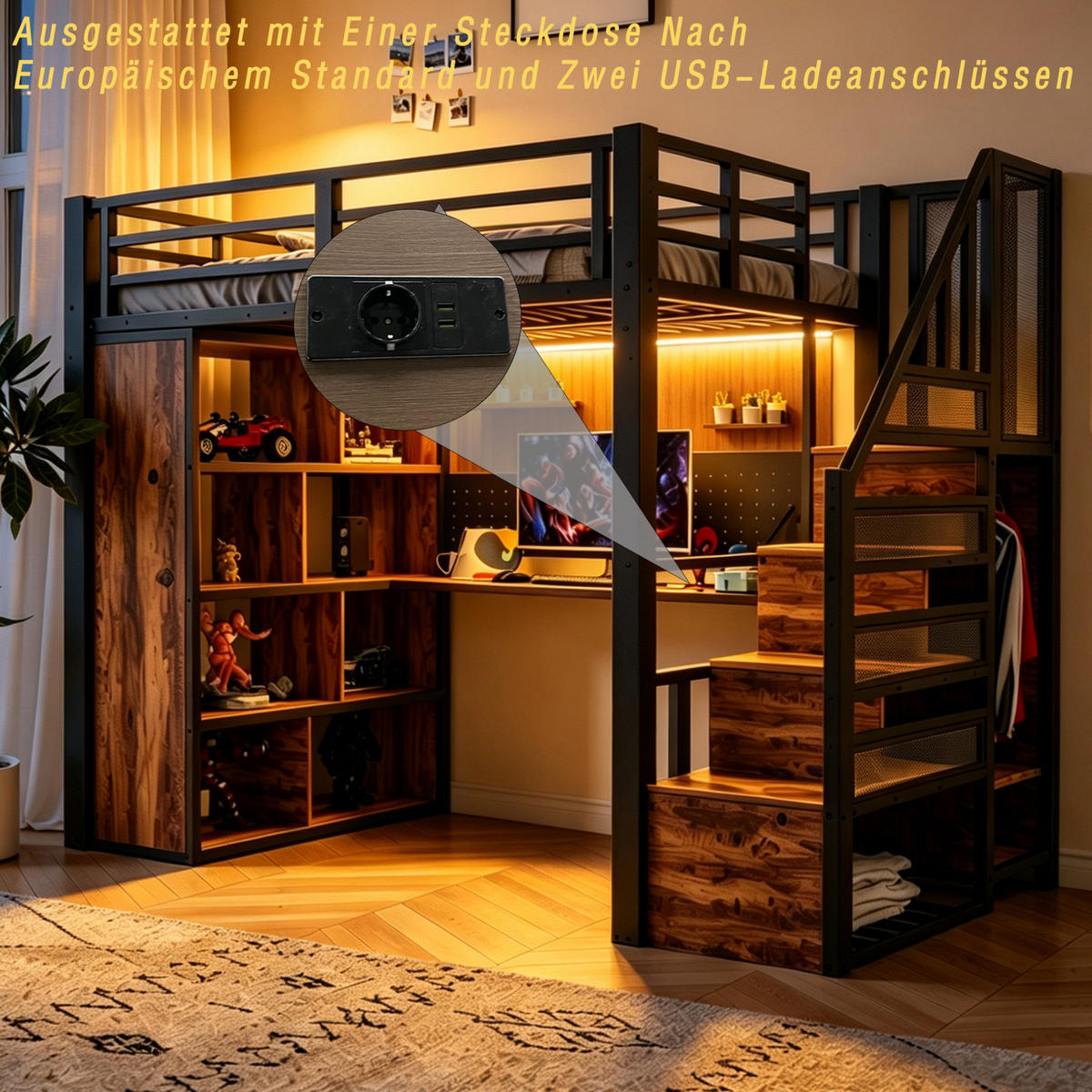 HOCHBETT aus Metall 90x200 cm Schwarz mit Stauraumtreppe, Schreibtisch, Kleiderschrank und LED-Beleuchtung - Schwarz, Metall (90/200cm) - IVMEU