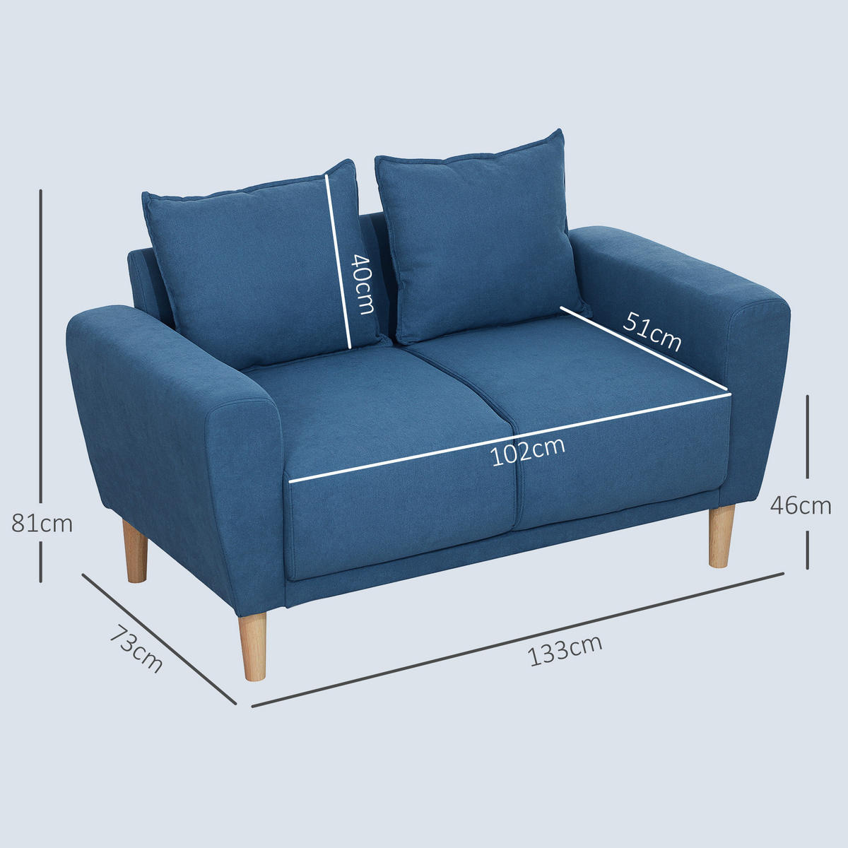 ZWEISITZER SOFA mit 2 Kissen, 133 x 73 x 81 cm, Blau - Blau, Textil (133/81/73cm) - HOMCOM