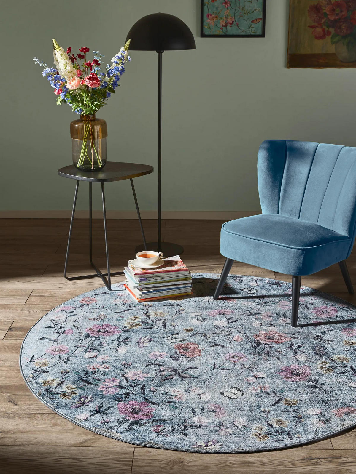 TEPPICH Milly waschbar Multicolor/Blau ø 160 cm rund - Blau/Multicolor, Kunststoff/Textil (160/160cm) - benuta