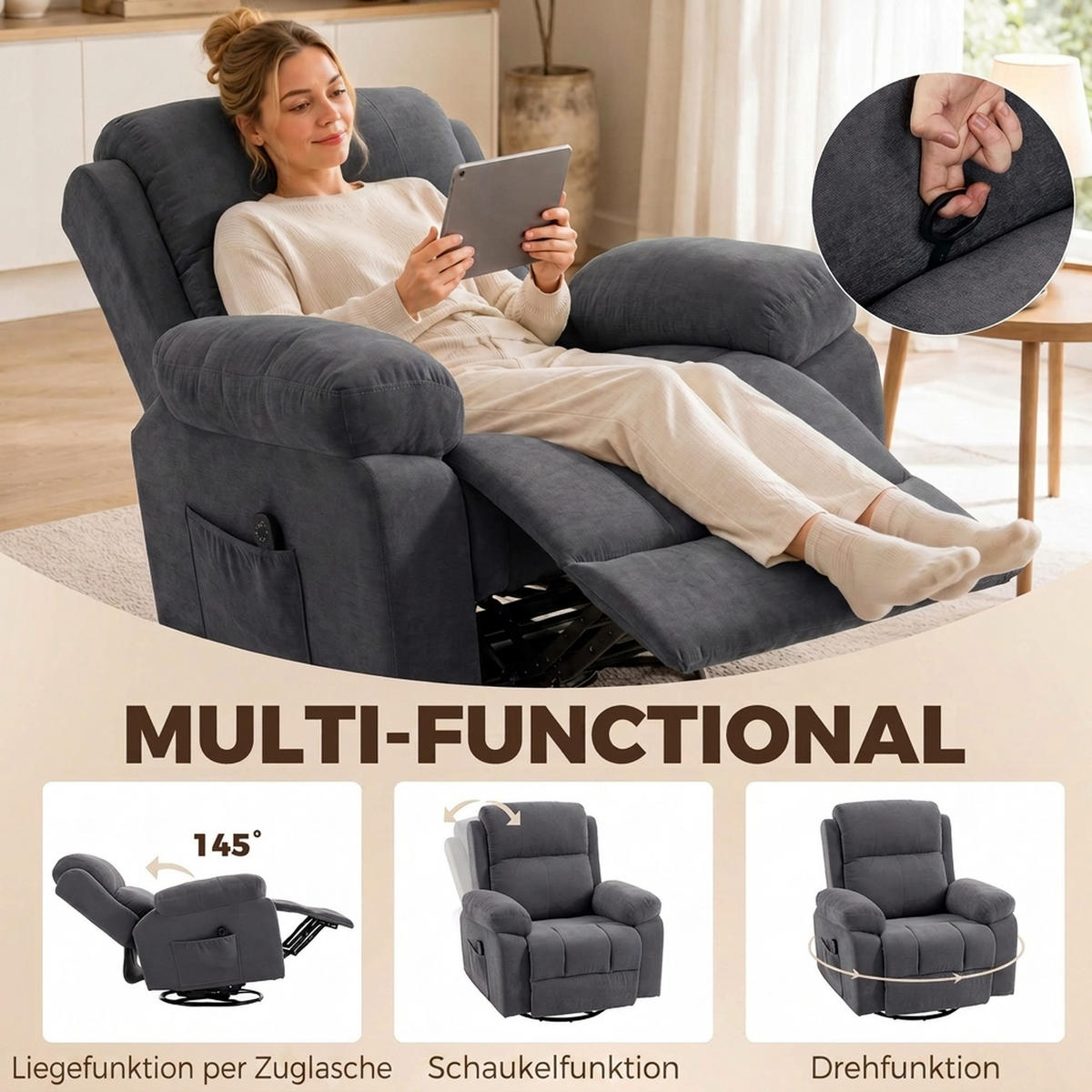 RELAXSESSEL Chenille Dunkelgrau - Dunkelgrau/Schwarz, Holzwerkstoff/Textil (97/104/97cm) - HOMCOM