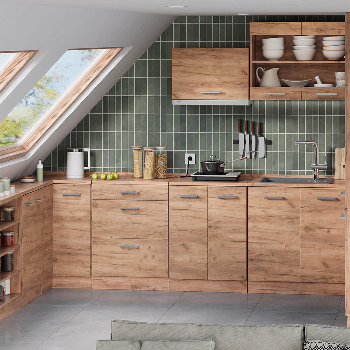 KUHINJSKA OMARA ZA POŠEVNE STREHE R-Line, Zlati hrast z močjo, 80 cm brez naklona z 2 vrati - medeni hrast, leseni material (80/83.8/46cm) - Vicco