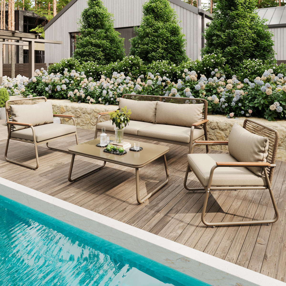 LOUNGESET 4 Personen Beige Mit Verstellbaren Füßen & Glastisch - Beige, Metall - FLIEKS