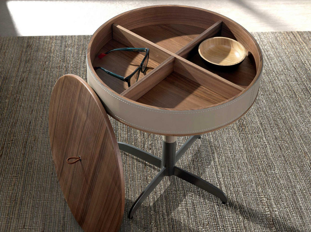 RUNDER Ecktisch Leder, Nussbaum und grauer Stahl - Graubraun/Braun, Leder/Holz (46/46/50cm) - ANGEL CERDA