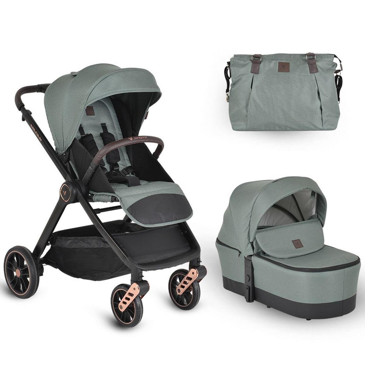 KOMBIKINDERWAGEN Macan 2 in 1 grün Babywanne Sportsitz Tasche PU-Räder Gurt - Grün, Metall (103/60/105cm) - Cangaroo