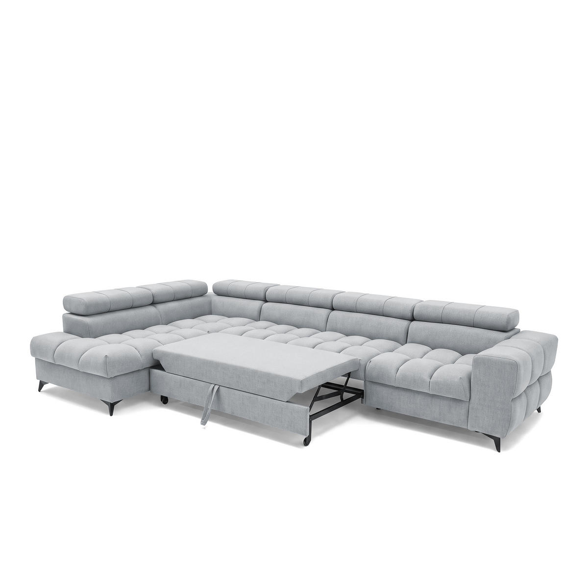 ECKSOFA PUDDING MAXI L Links mit Schlaffunktion 125x195 Velours Hellgrau - Hellgrau/Schwarz, Holz/Textil (203/350cm) - Muffo