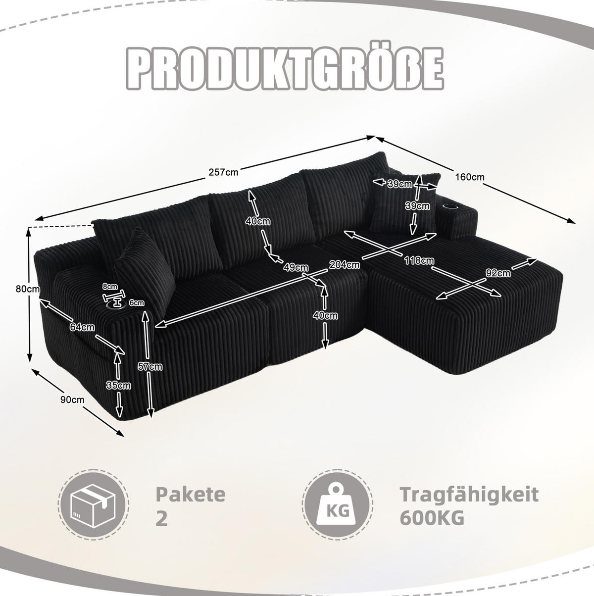 MODULARES Sofa-Set Cord mit Chaiselongue und 2-Sitzer Taschen und Getränkehalter 257/90-160/62 cm Schwarz - Schwarz, Textil (160/257cm) - Redom