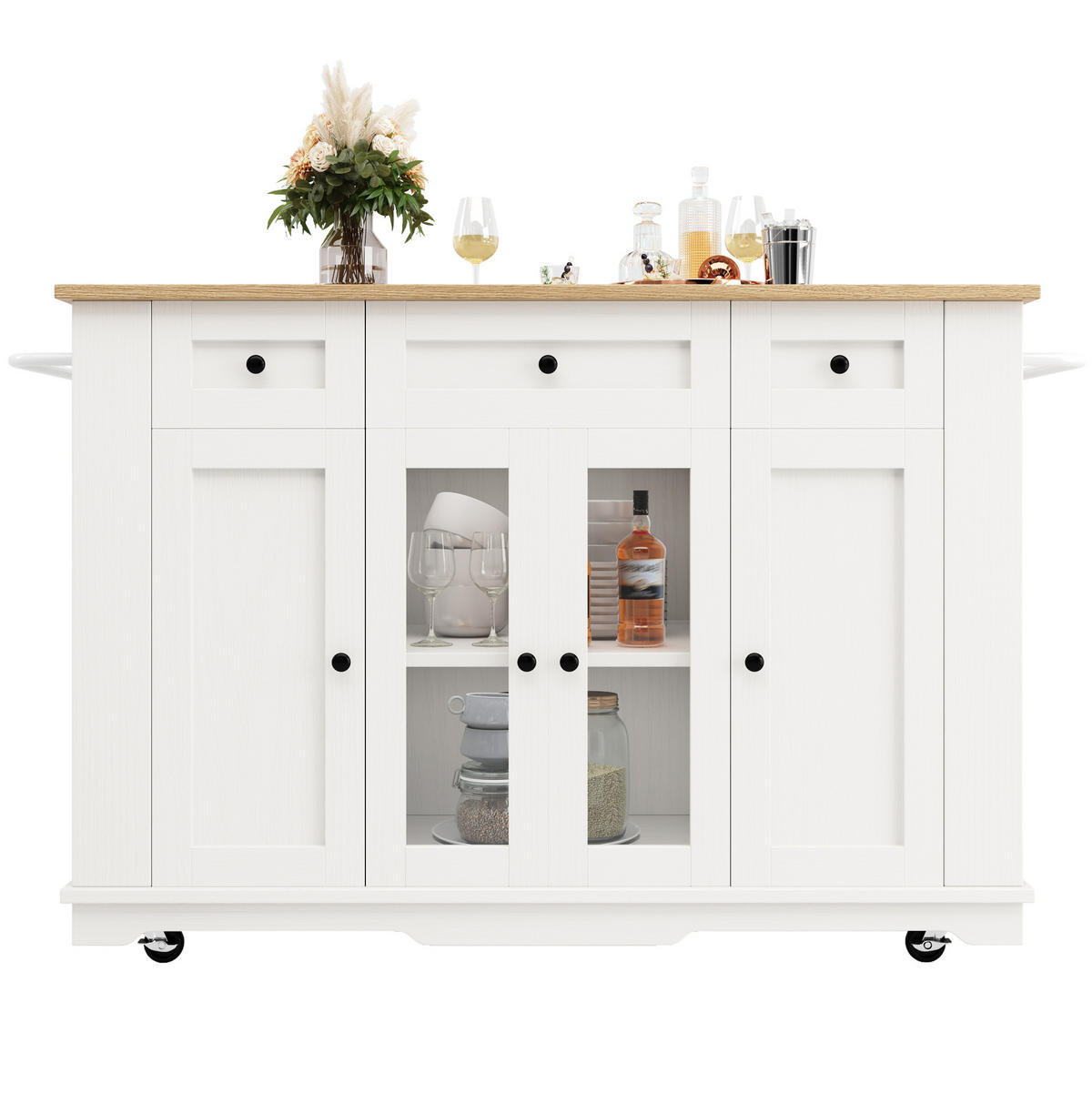 KÜCHENINSEL 151,5/60/91,7 cm Weiß/Natur aus MDF, Metall und Glas mit klappbarer Tischplatte - Weiß, Holzwerkstoff (60/91.7/151.5cm) - OKMYHOME