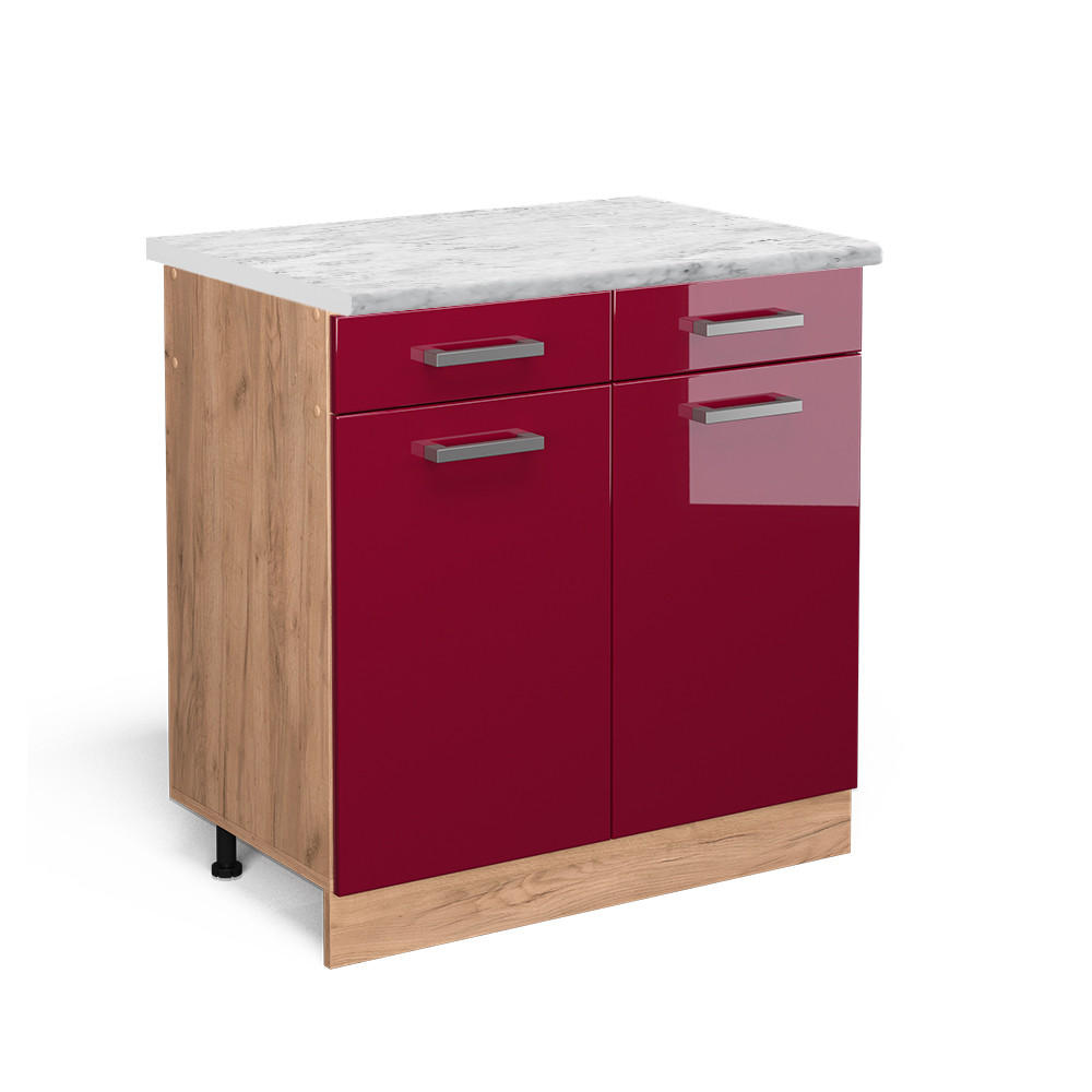 KÜCHENUNTERSCHRANK R-Line Bordeaux Hochglanz 80 cm AP Marmor - Bordeaux/Eiche Wotan, Holzwerkstoff (80/81.6/60cm) - Vicco