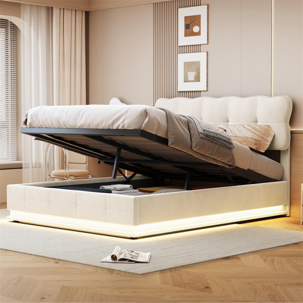 POLSTERBETT 140x200 cm mit LED-Unterbettbeleuchtung und hydraulischem Stauraum - ohne Matratze - Beige - Beige, Textil (140/200cm) - DELFA