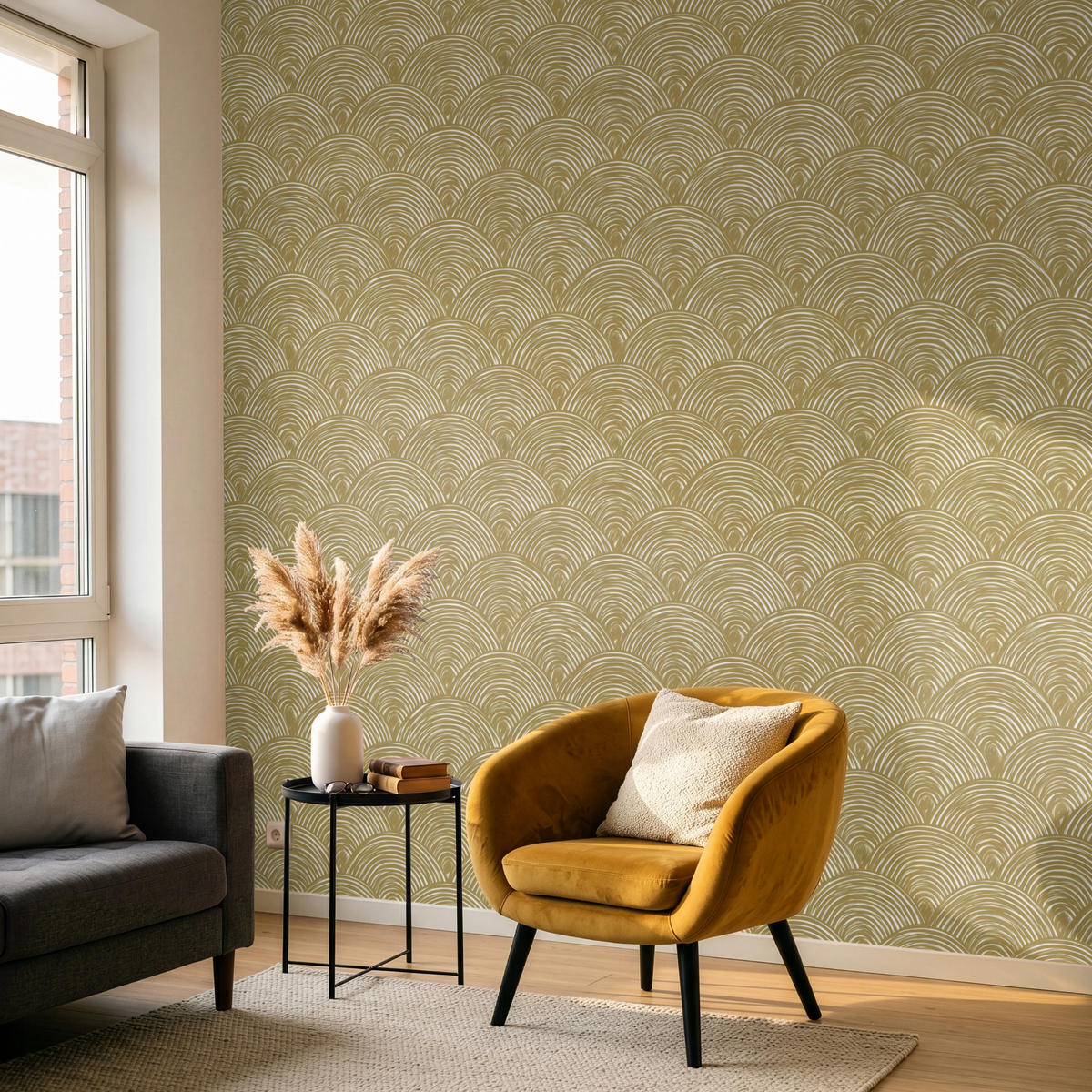 TAPETE - Fächer - Geometrisch - Grün - 240x240 cm - Goldfarben, Papier (240/240cm) - OnlyWow
