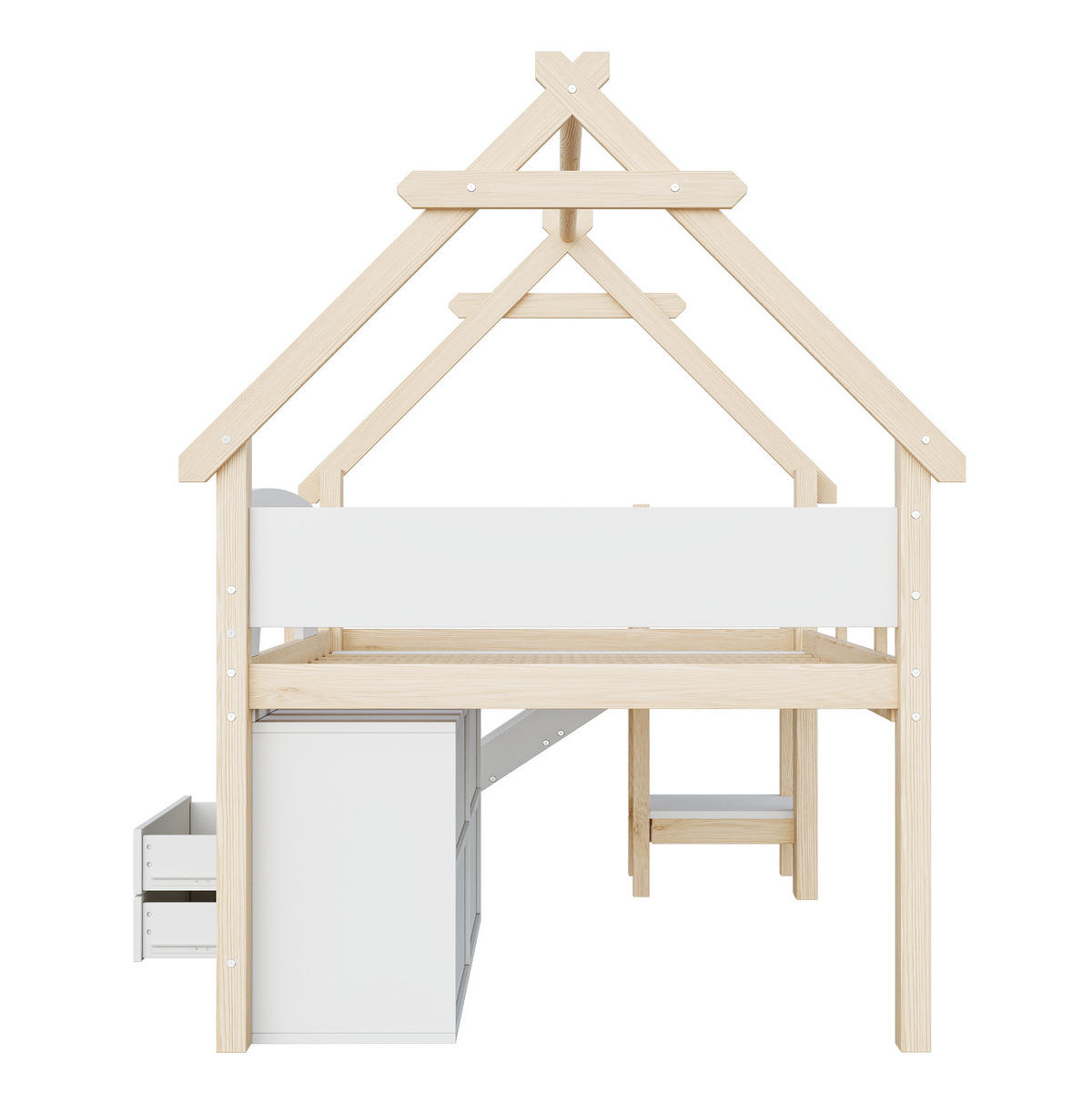 HOCHBETT aus Massivholz und MDF 90x200 cm Natur/Weiß mit Rutsche, Stauraum und Dachrahmen - Weiß, Holz (90/200cm) - Modfu